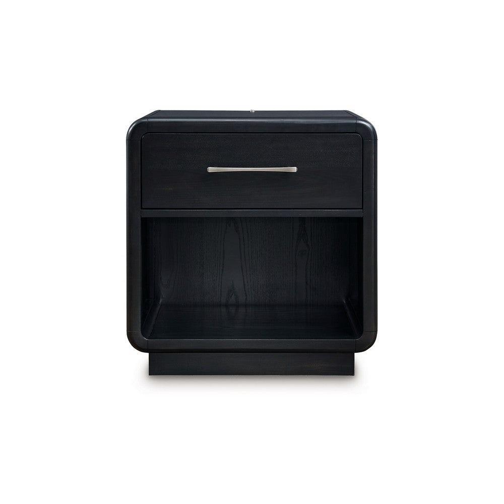 Robeck Nightstand, 1 Drawer, Black 26 Inch, Silver Metal Handles -BM328281