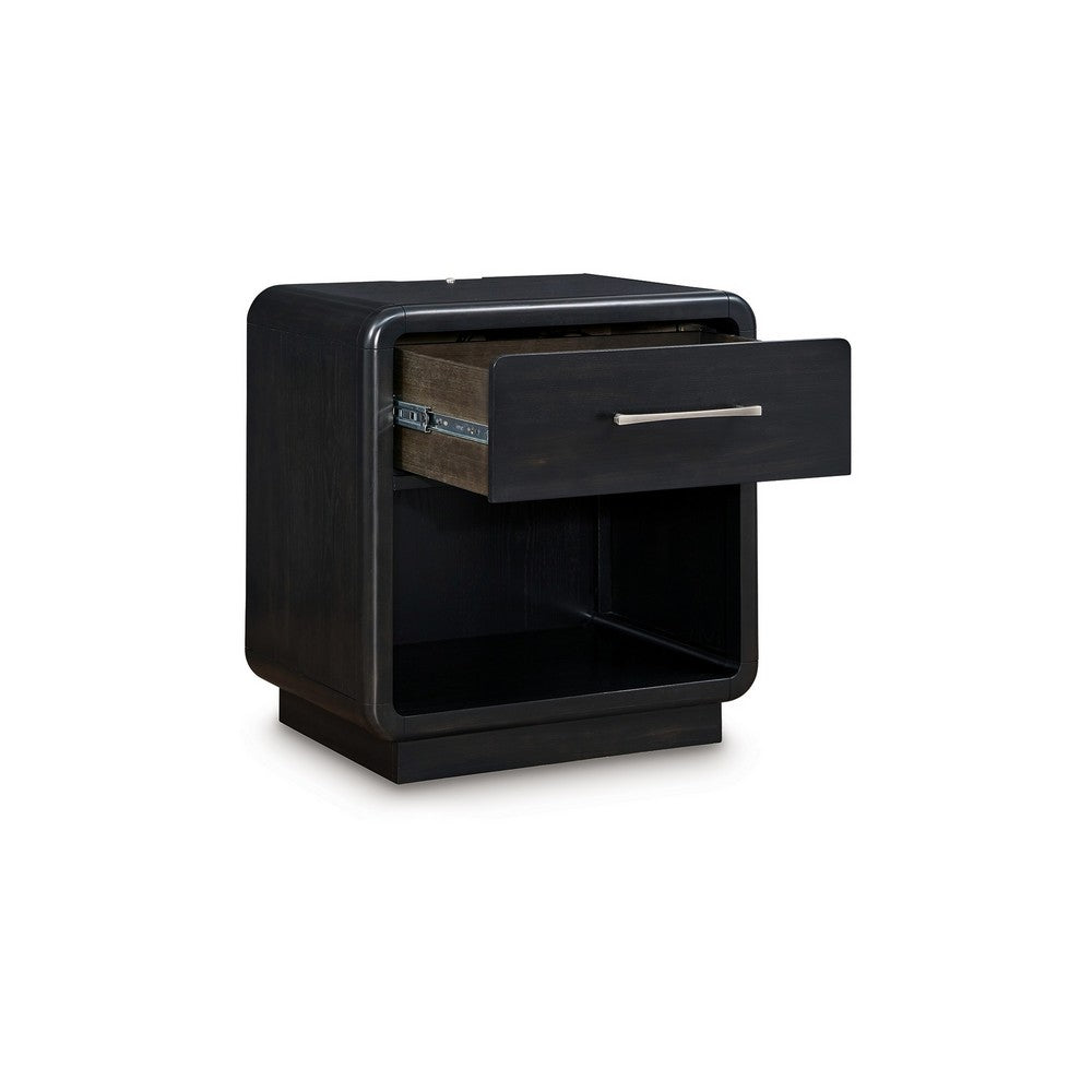 Robeck Nightstand, 1 Drawer, Black 26 Inch, Silver Metal Handles -BM328281