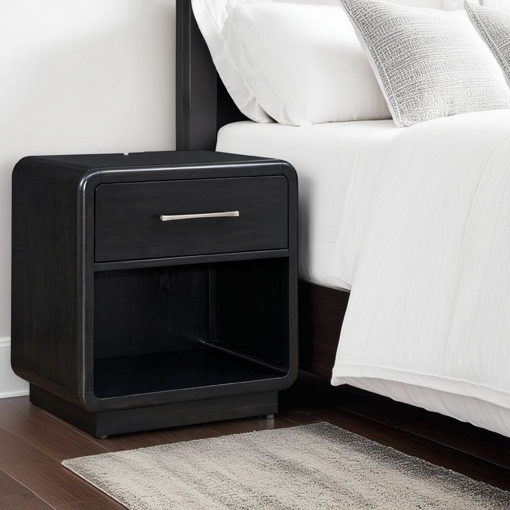 Robeck Nightstand, 1 Drawer, Black 26 Inch, Silver Metal Handles -BM328281