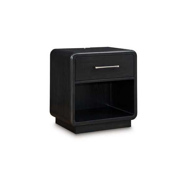 Robeck Nightstand, 1 Drawer, Black 26 Inch, Silver Metal Handles -BM328281