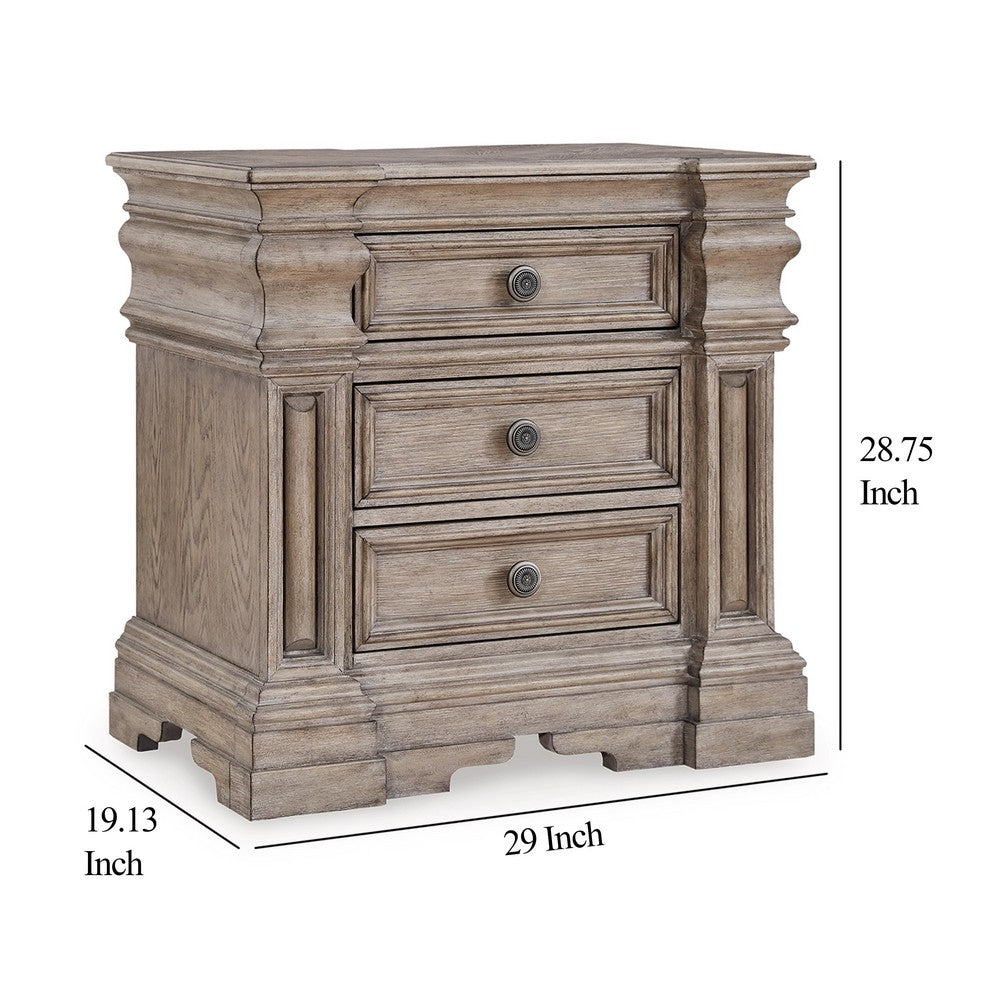 Blaie Nightstand, 3 Drawer, 29 inch, Taupe Brown Solid Hardwood Finish -BM328290