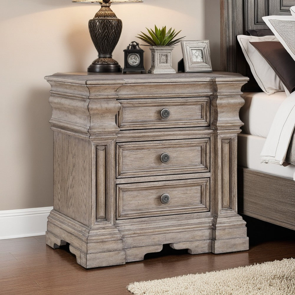 Blaie Nightstand, 3 Drawer, 29 inch, Taupe Brown Solid Hardwood Finish -BM328290