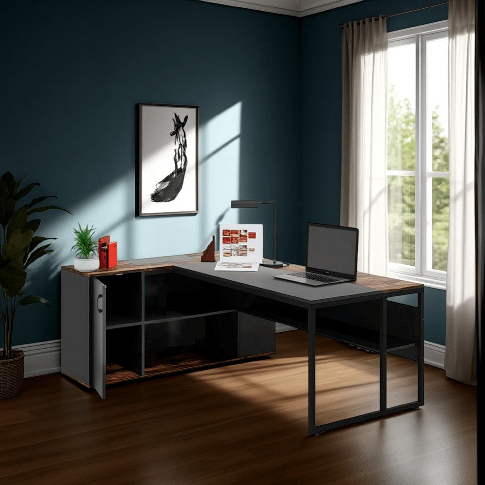 Executive Office Desk, 71 Inch L Shaped w Storage Cabinet, Brown Black -BM328363