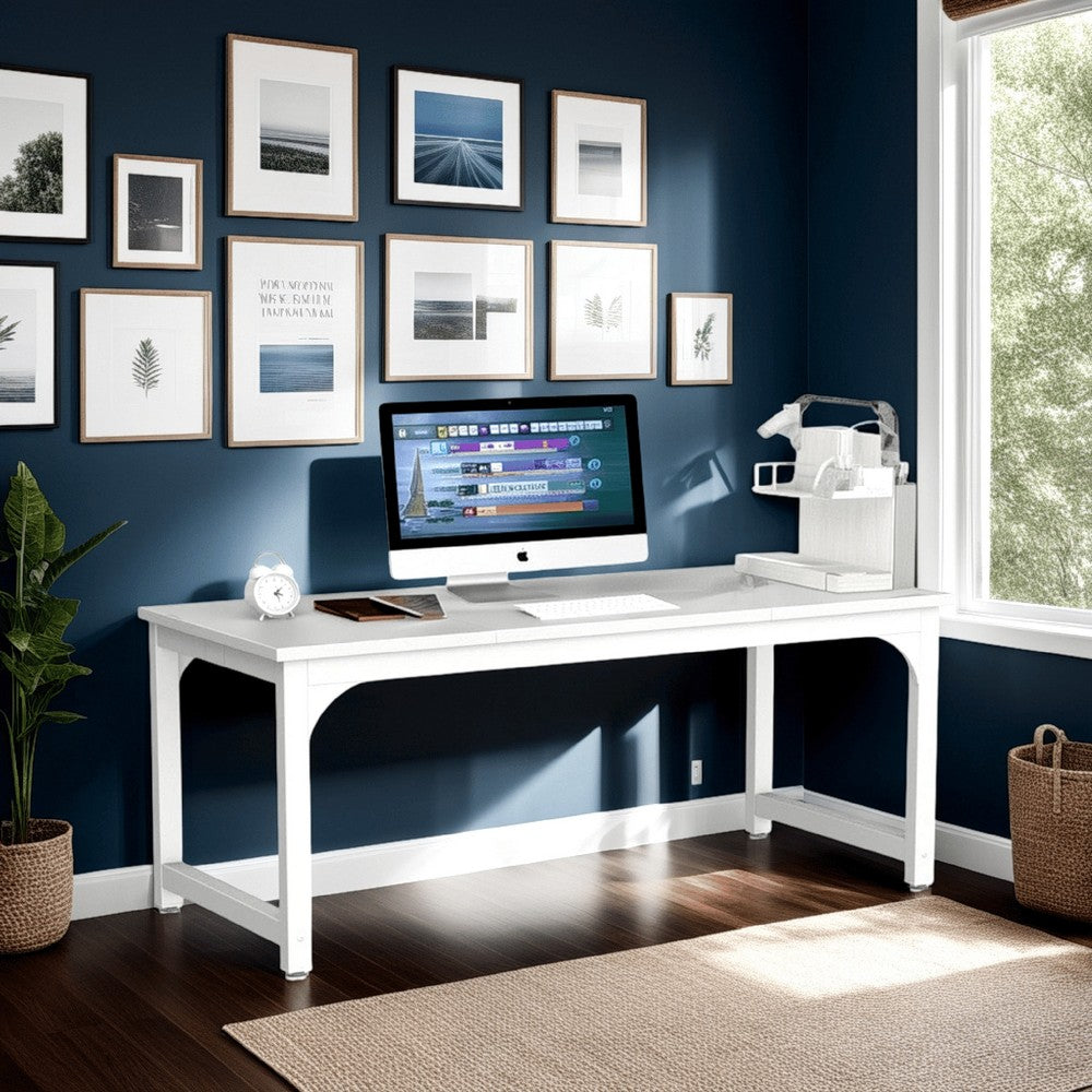 Home Office Desk, 63 Inch Minimalist Wood Top w White Metal Frame -BM328364