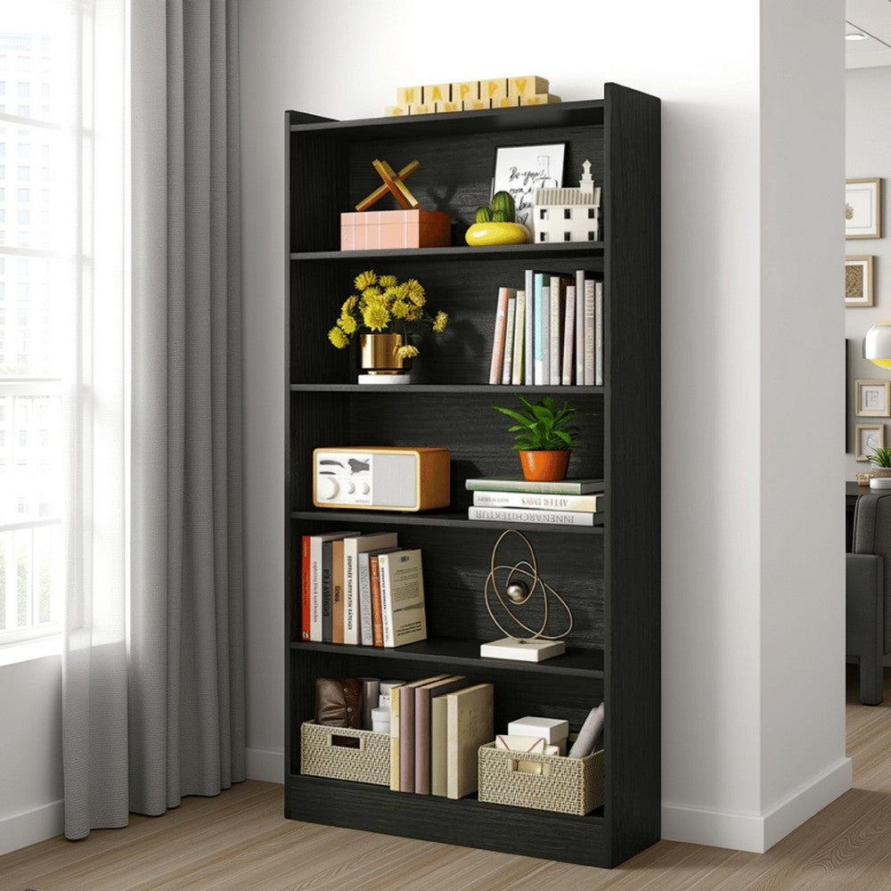 Modern Bookcase, 6 Tier Display Shelves, 72 Inch Black Wood Frame -BM328365
