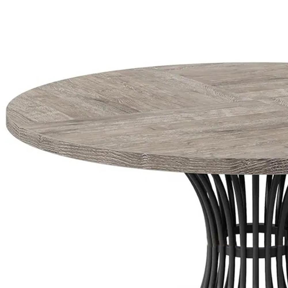 Dining Table, 47 Inch Round Gray Wood Top, Black Metal Hourglass Base -BM328366