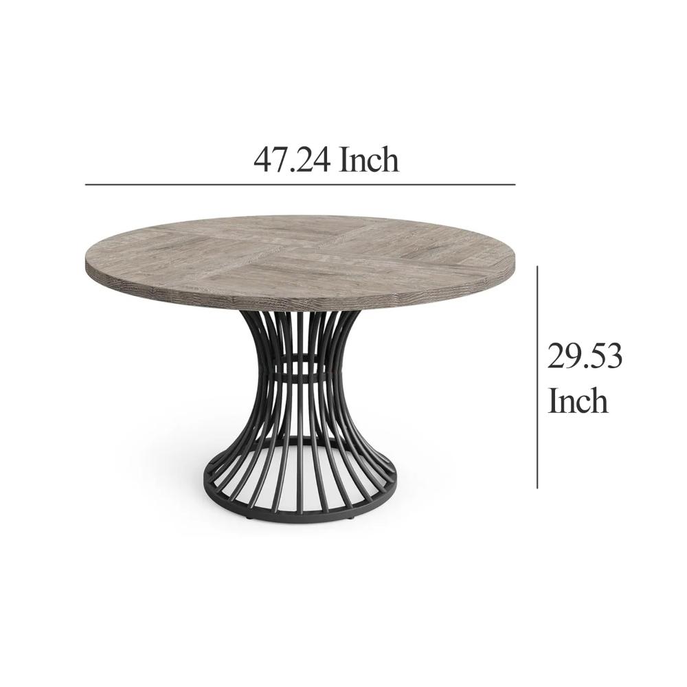 Dining Table, 47 Inch Round Gray Wood Top, Black Metal Hourglass Base -BM328366