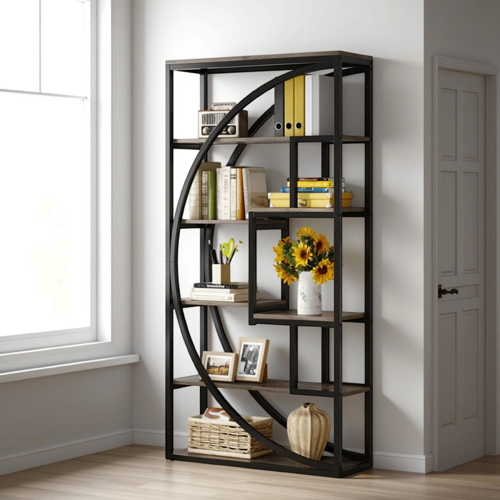 Modern Bookcase, 5 Tier Geometric Display Shelves, 71 Inch Black Metal -BM328367