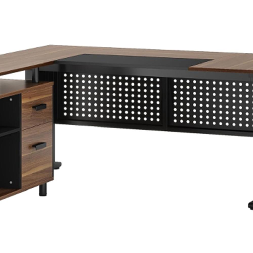 Liy Executive Office Desk, 63 Inch L Shape, File Cabinet, Brown Black -BM328368