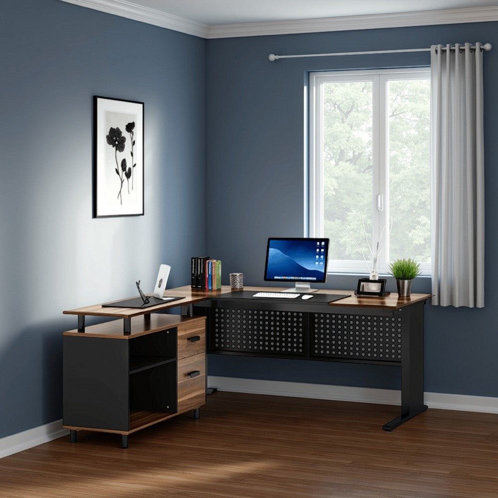 Liy Executive Office Desk, 63 Inch L Shape, File Cabinet, Brown Black -BM328368