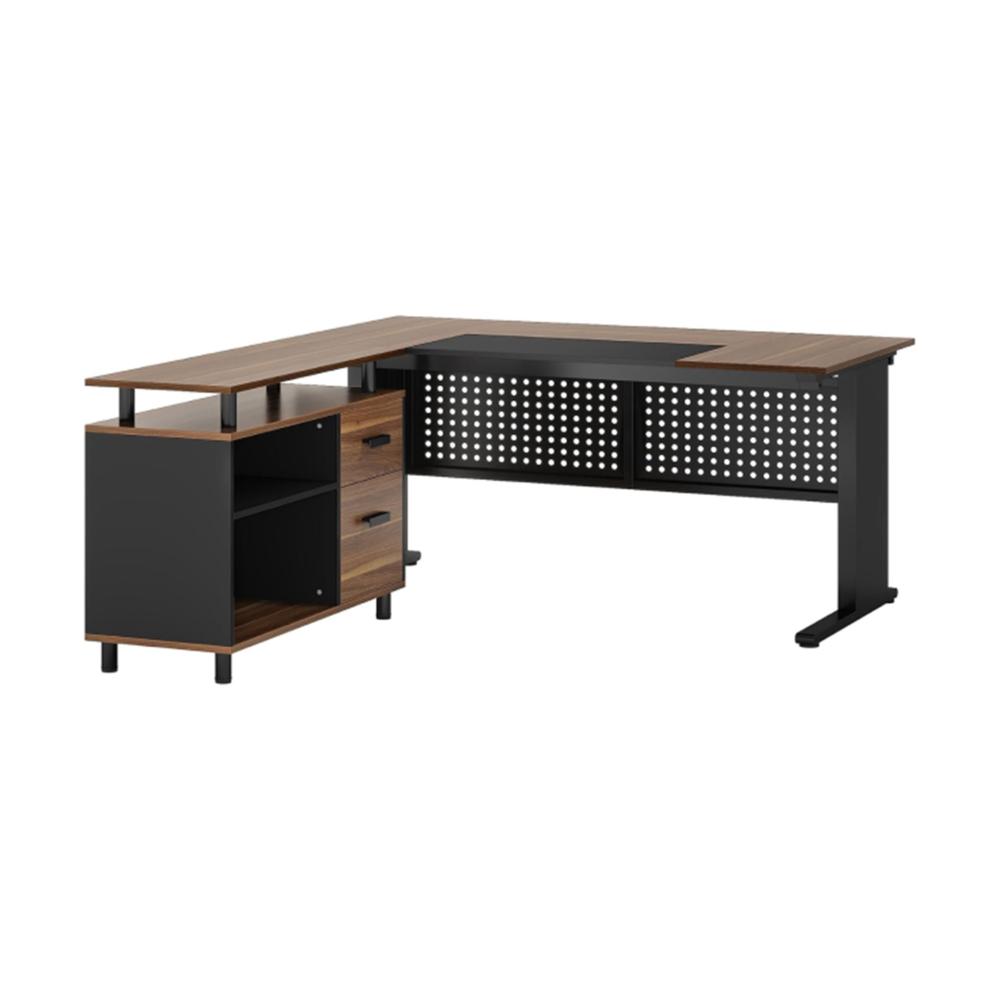 Liy Executive Office Desk, 63 Inch L Shape, File Cabinet, Brown Black