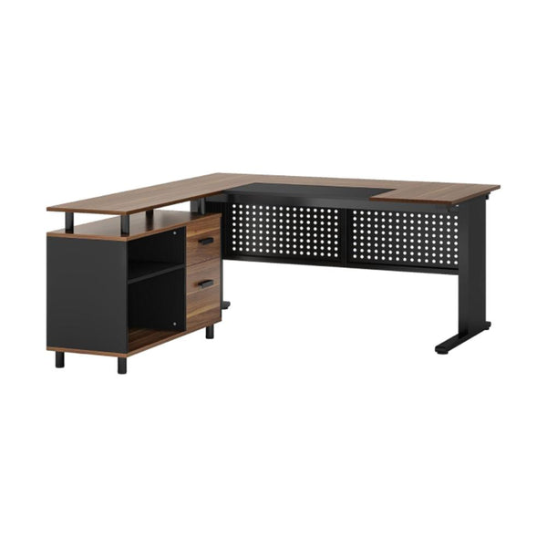 Liy Executive Office Desk, 63 Inch L Shape, File Cabinet, Brown Black