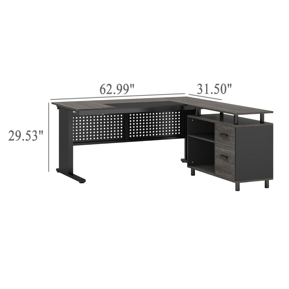 Liy Executive Office Desk, 63 Inch L Shape, File Cabinet, Gray Black -BM328370