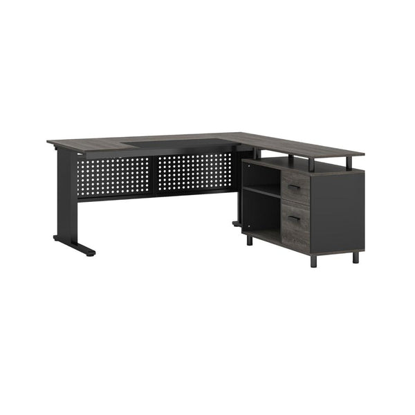 Liy Executive Office Desk, 63 Inch L Shape, File Cabinet, Gray Black