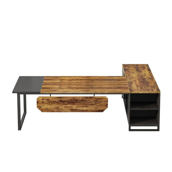 Executive Office L Desk, 71 Inch Brown Wood, Storage Shelves, Brown -BM328372