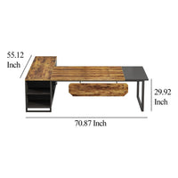 Executive Office L Desk, 71 Inch Brown Wood, Storage Shelves, Brown -BM328372