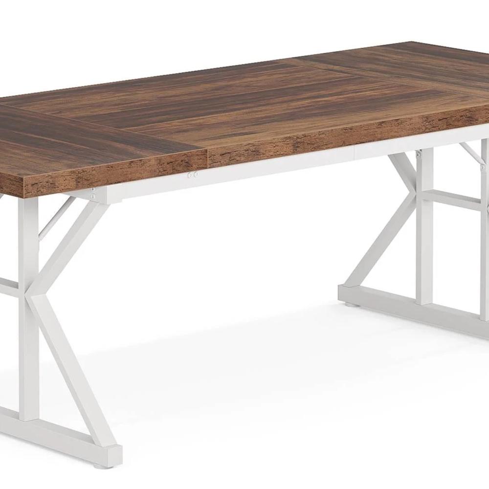 Executive Office Desk, 71 Inch Rectangular Brown Wood Top, White Metal -BM328373