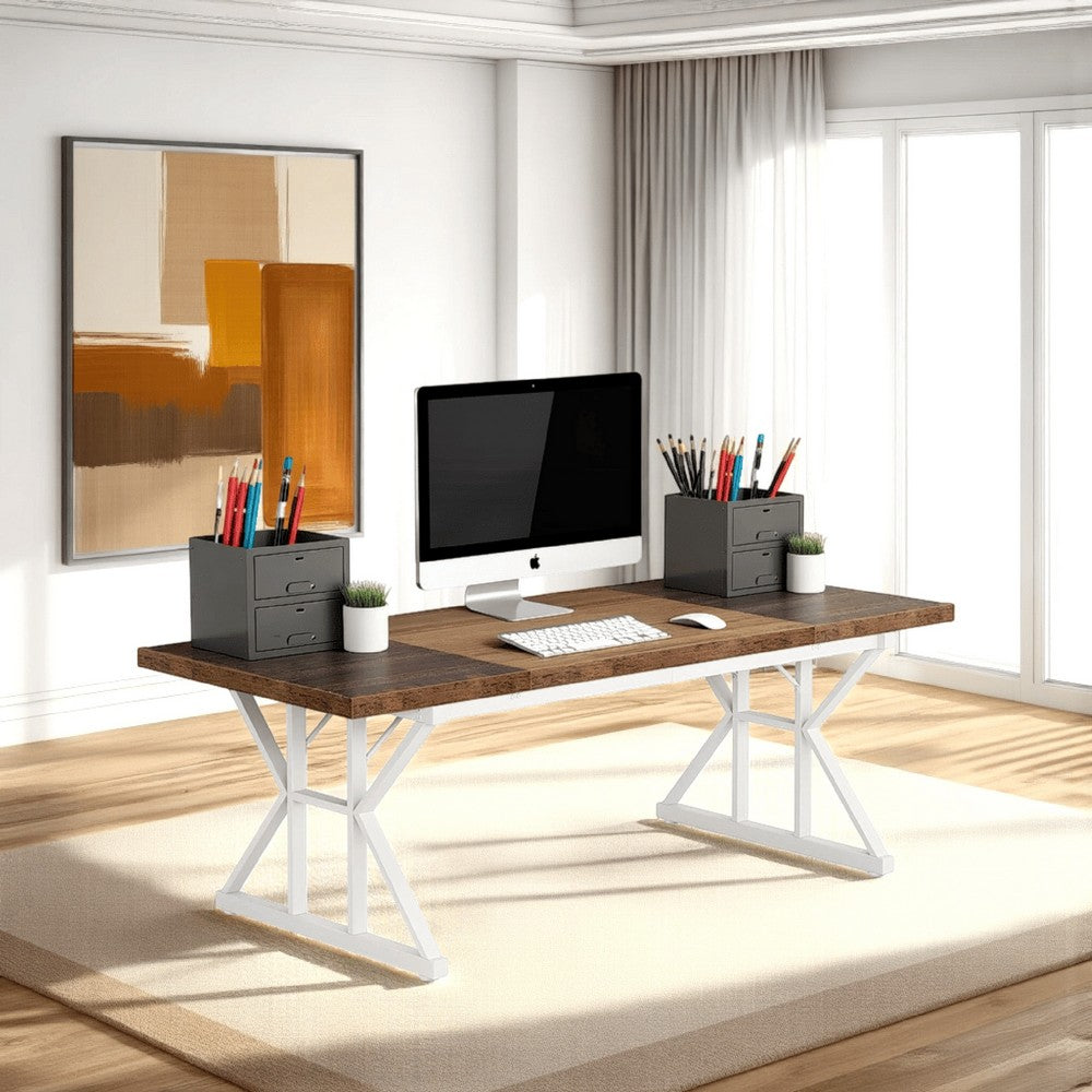 Executive Office Desk, 71 Inch Rectangular Brown Wood Top, White Metal -BM328373