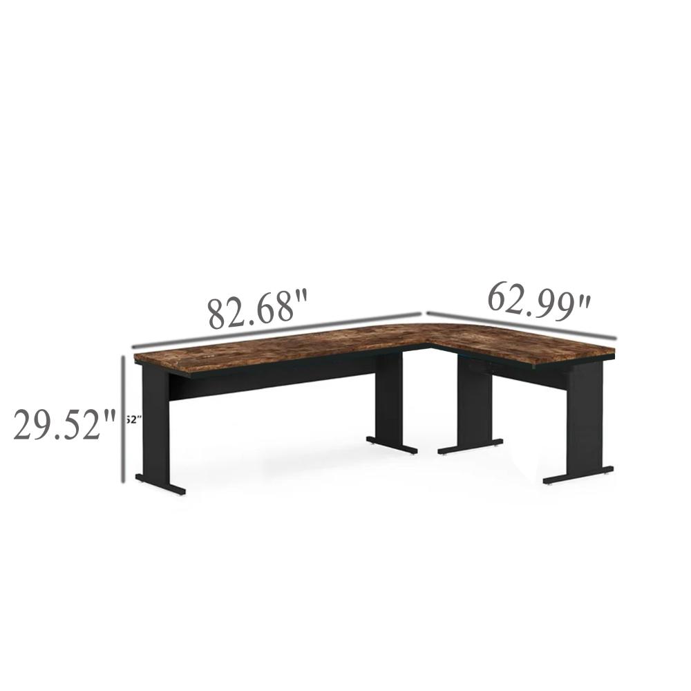 Executive Office Desk, 83 Inch Brown L Top, 3 Drawer Cabinet, Black -BM328376