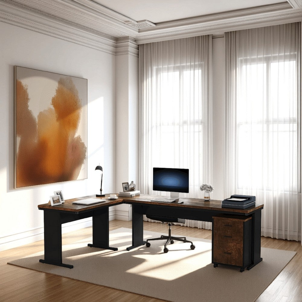 Executive Office Desk, 83 Inch Brown L Top, 3 Drawer Cabinet, Black -BM328376