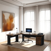 Executive Office Desk, 83 Inch Brown L Top, 3 Drawer Cabinet, Black -BM328376
