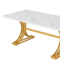 Dining Table, Rectangular White Marble Top, Gold Metal Base, 63 Inch -BM328500