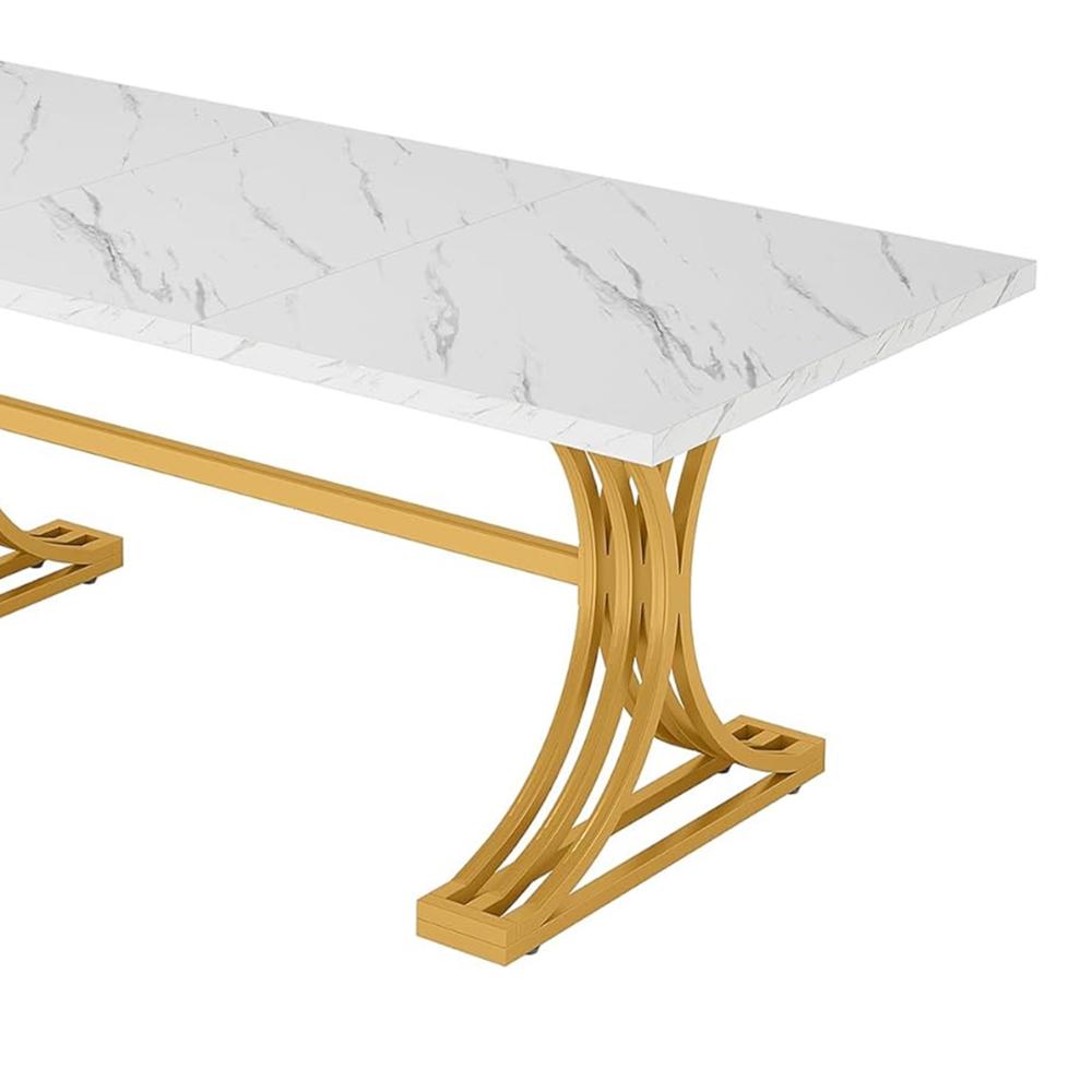 Dining Table, Rectangular White Marble Top, Gold Metal Base, 63 Inch -BM328500