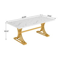 Dining Table, Rectangular White Marble Top, Gold Metal Base, 63 Inch -BM328500