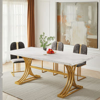 Dining Table, Rectangular White Marble Top, Gold Metal Base, 63 Inch -BM328500
