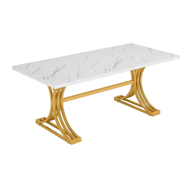 Dining Table, Rectangular White Marble Top, Gold Metal Base, 63 Inch