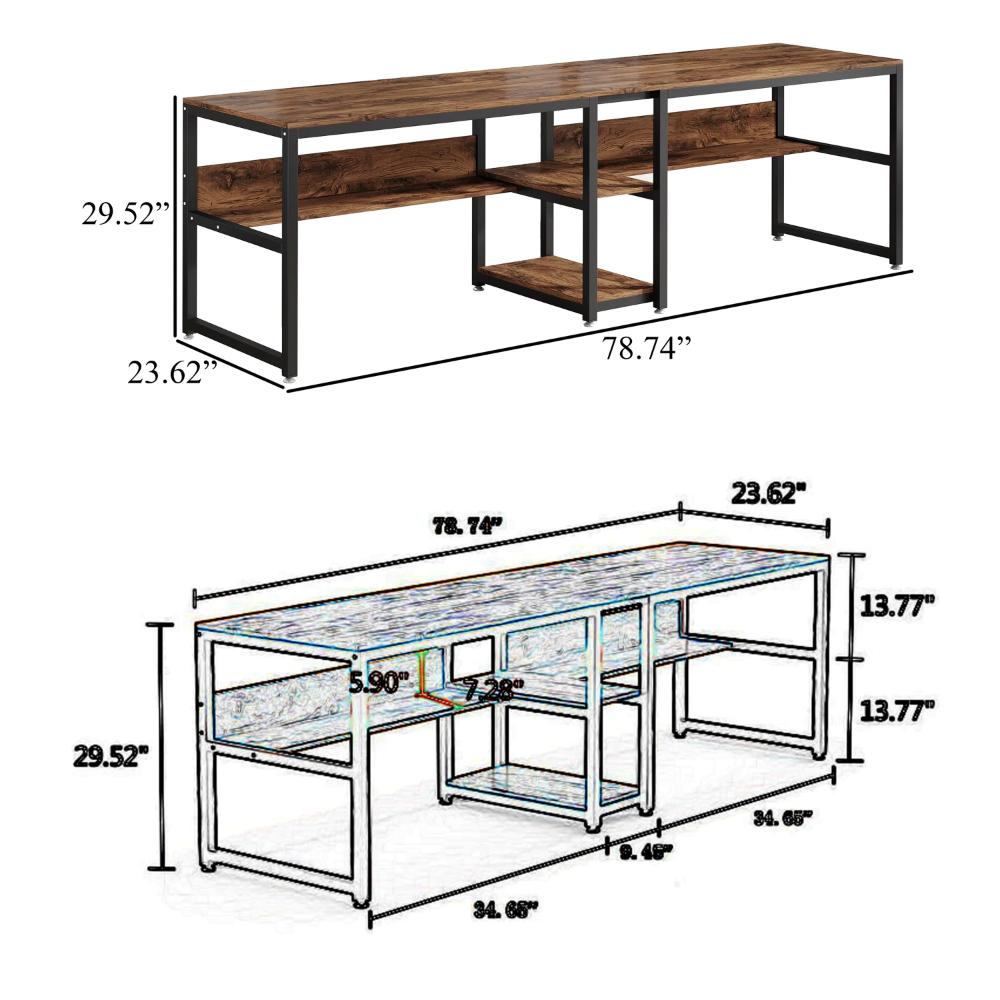 Desk with Bookshelf, 79 Inch Brown Rectangular Top, Black Metal Legs -BM328502