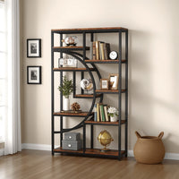 Bookshelf, 9 Tier Open Shelves, Brown MDF, Black Metal Frame, 69 Inch -BM328504