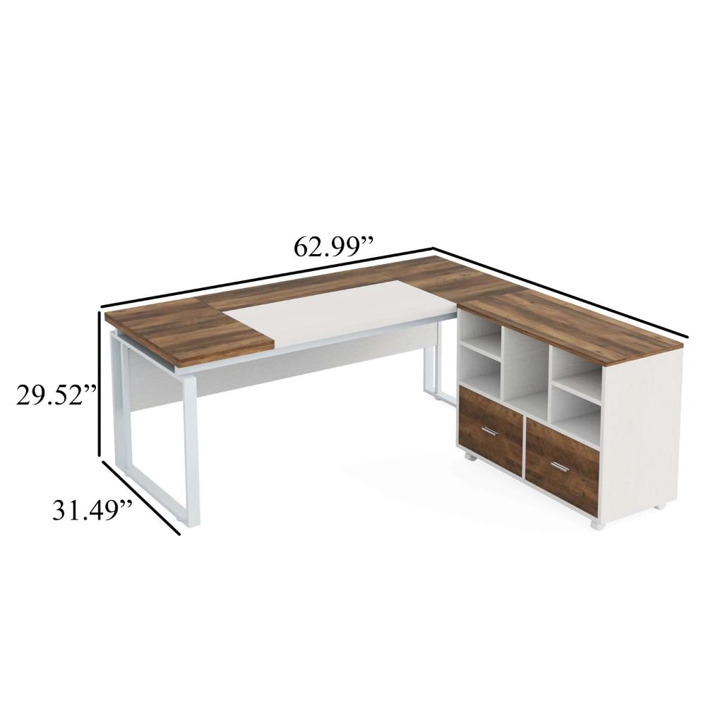 Executive Desk, 63 Inch L Shaped Top, Mobile File Cabinet, White Brown -BM328505