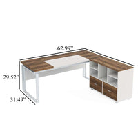 Executive Desk, 63 Inch L Shaped Top, Mobile File Cabinet, White Brown -BM328505