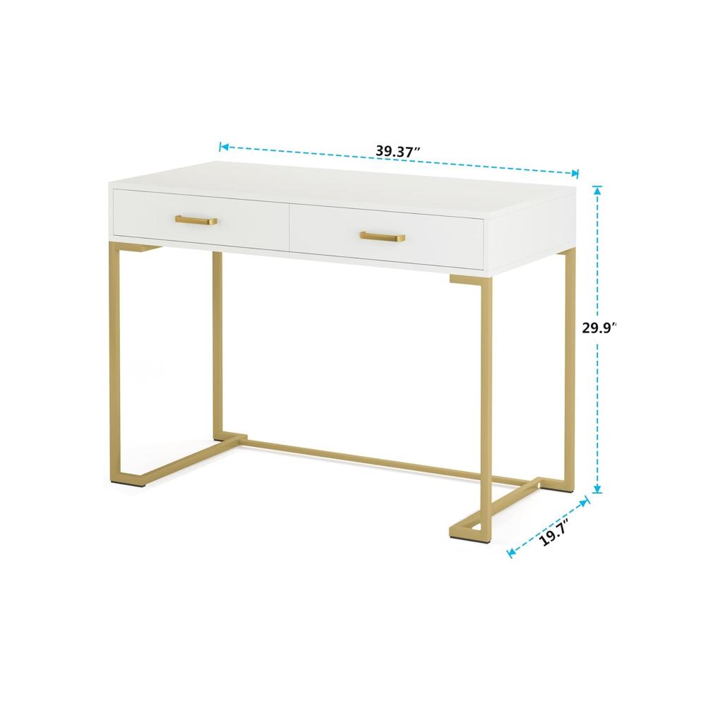 Computer Desk, 2 Drawers, Modern White Top, Gold Metal Legs, 39 Inch -BM328507