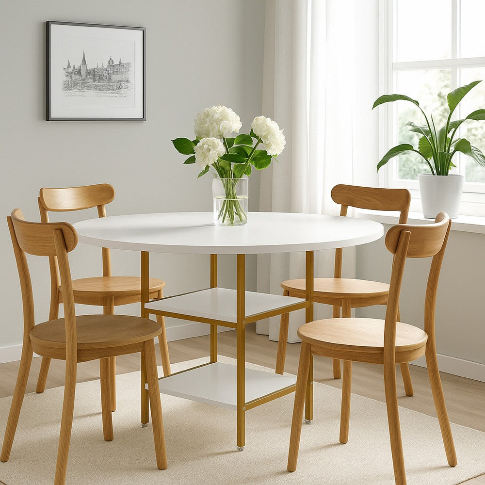 Dining Table, Round Top, 2 Storage Shelves, Gold Metal Frame, 47 Inch  -BM328509