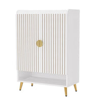 Shoe Cabinet, 43 Inch 7 Tier Shelves, Brown Ribbed Doors, Gold, White -BM328510