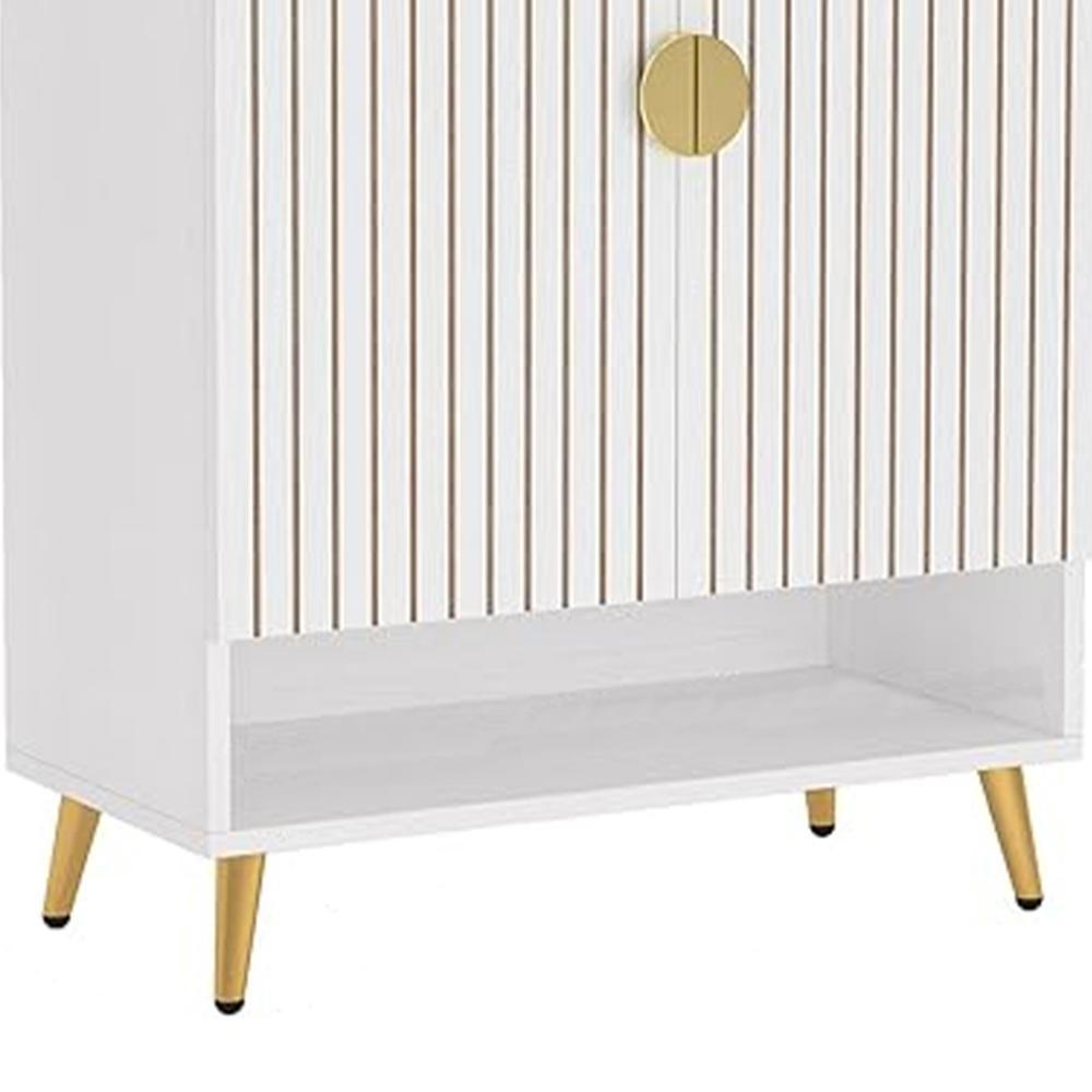 Shoe Cabinet, 43 Inch 7 Tier Shelves, Brown Ribbed Doors, Gold, White -BM328510