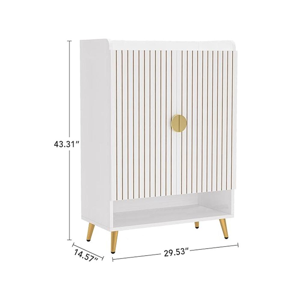 Shoe Cabinet, 43 Inch 7 Tier Shelves, Brown Ribbed Doors, Gold, White -BM328510