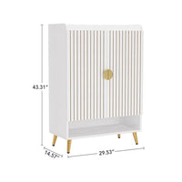 Shoe Cabinet, 43 Inch 7 Tier Shelves, Brown Ribbed Doors, Gold, White -BM328510