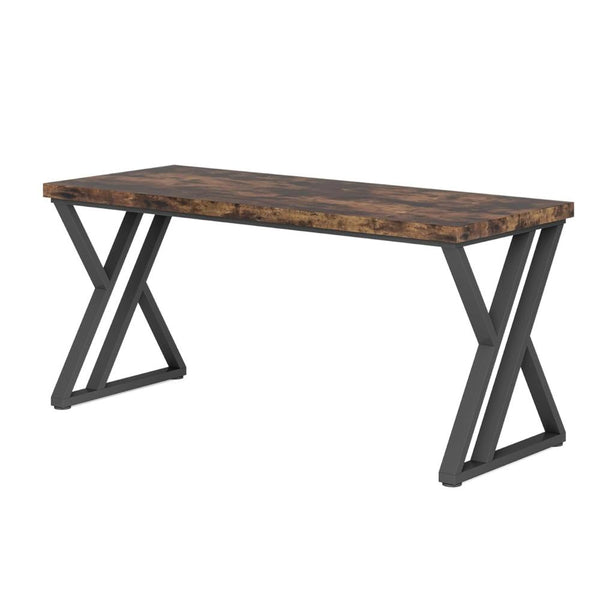 Oneb Writing Desk, 55 Inch Brown Rectangular Top, Black Metal Z Base