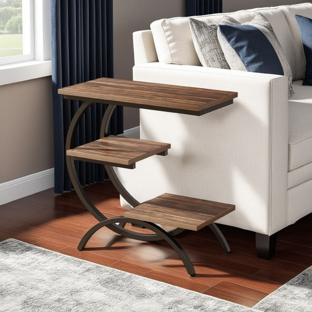 C-Shaped End Table, 3 Tier, Dark Brown Top, Matte Black Metal, 26 Inch -BM328515