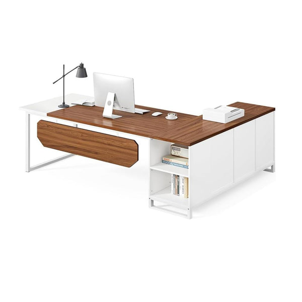 Executive Desk, 71 Inch L Shape Brown Rectangular Top, White Metal -BM328518