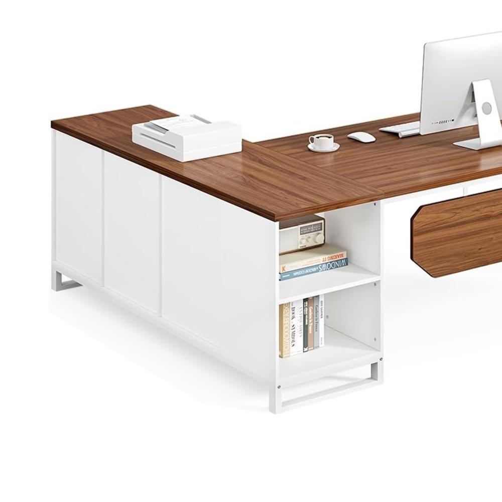 Executive Desk, 71 Inch L Shape Brown Rectangular Top, White Metal -BM328518