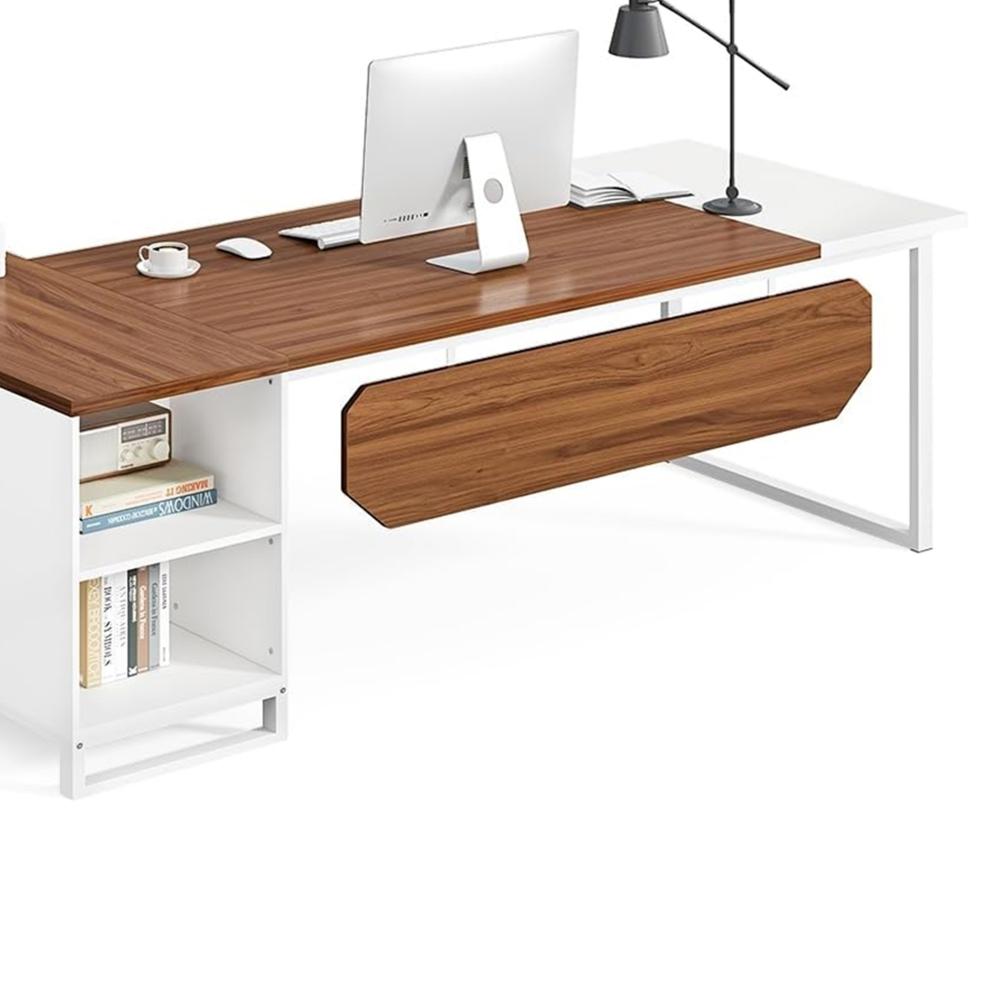 Executive Desk, 71 Inch L Shape Brown Rectangular Top, White Metal -BM328518