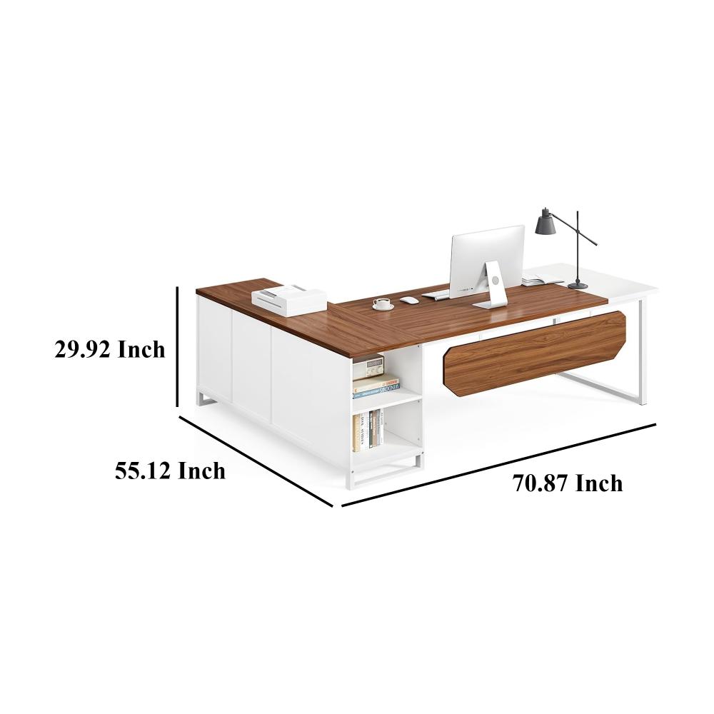 Executive Desk, 71 Inch L Shape Brown Rectangular Top, White Metal -BM328518
