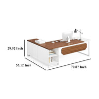 Executive Desk, 71 Inch L Shape Brown Rectangular Top, White Metal -BM328518