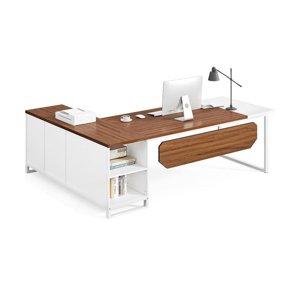 Executive Desk, 71 Inch L Shape Brown Rectangular Top, White Metal