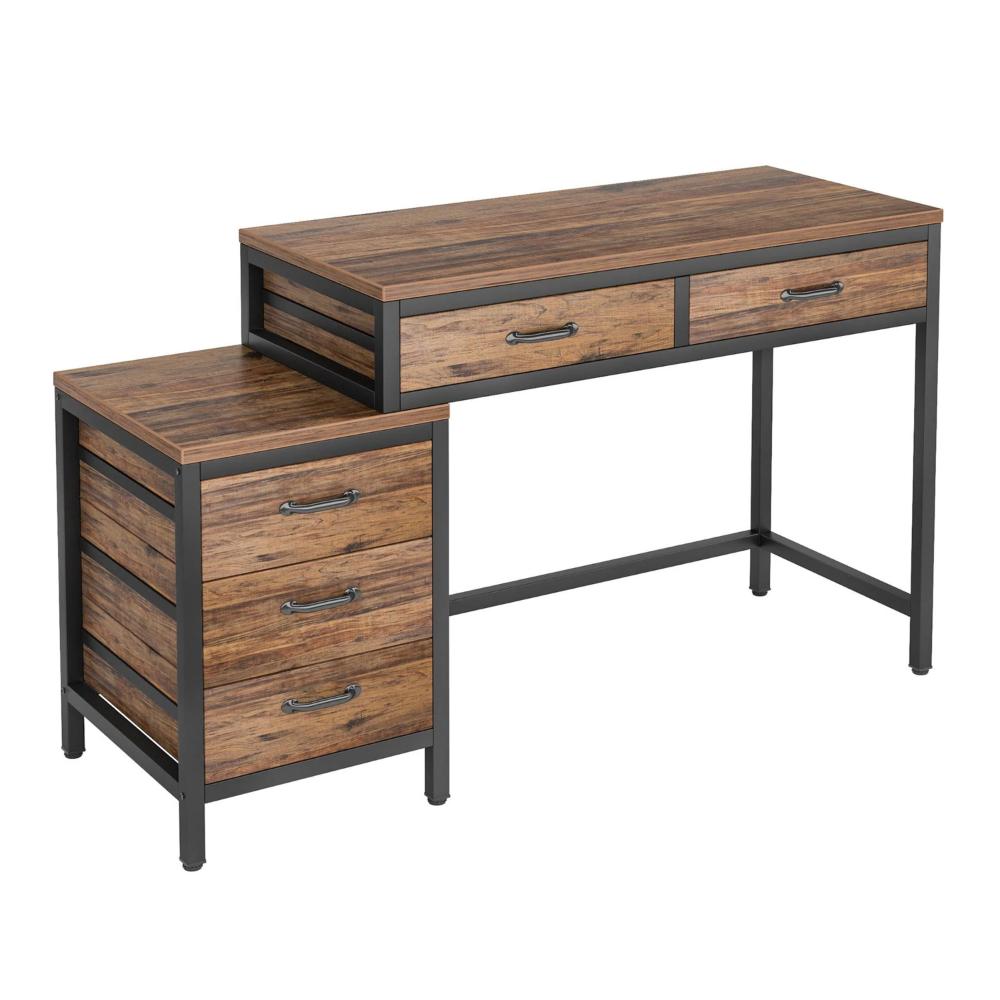 Eli Vanity Desk Table, 5 Drawers, Classic Brown Finish, Black Metal -BM328521