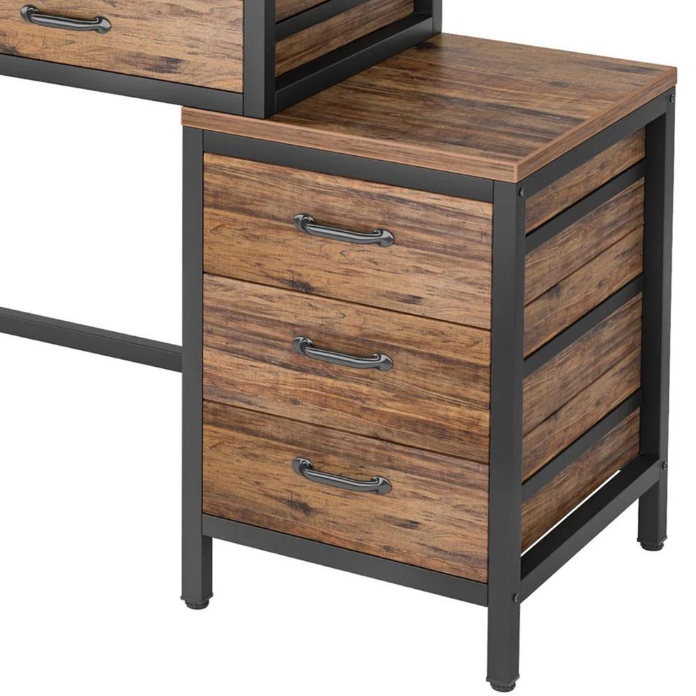 Eli Vanity Desk Table, 5 Drawers, Classic Brown Finish, Black Metal -BM328521
